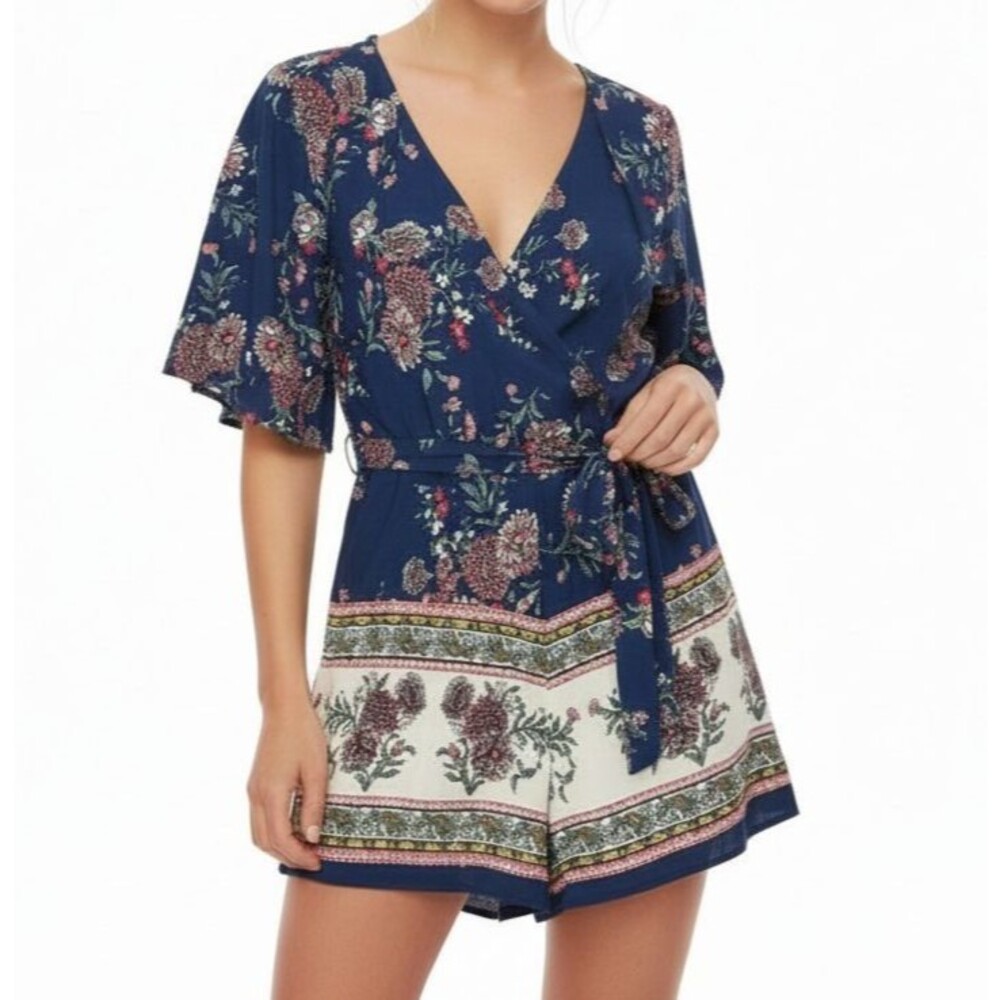 Francesca's NEW Trixxi Floral Romper Women Medium Blue Tie Short Sleeve